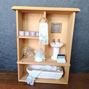 VTG Bathroom Scene Trinkets In a Wooden Wall Hanging Shadow Box Shelf 9"Tall